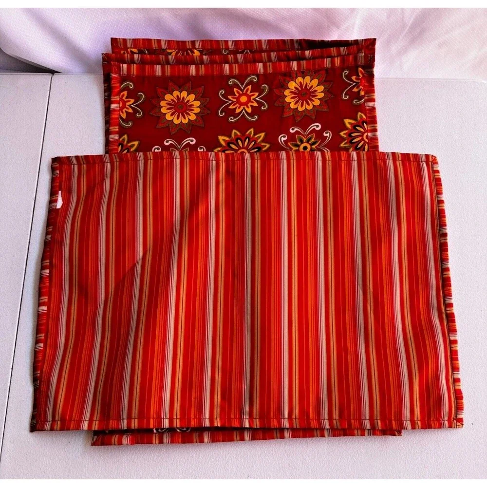 Pier 1 Estrella Placemats Set 4 Red Yellow Floral Reversible Stripe 19x13 Home